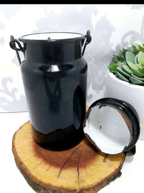 Antique Black & White Enamel Billy Can  Flask & Cup With Handle  Age Character