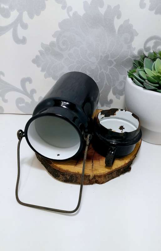 Antique Black & White Enamel Billy Can  Flask & Cup With Handle  Age Character