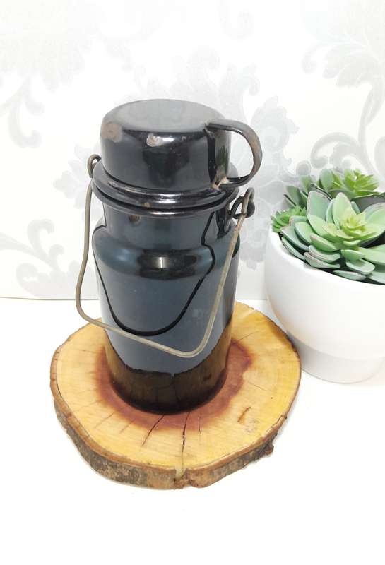 Antique Black & White Enamel Billy Can  Flask & Cup With Handle  Age Character