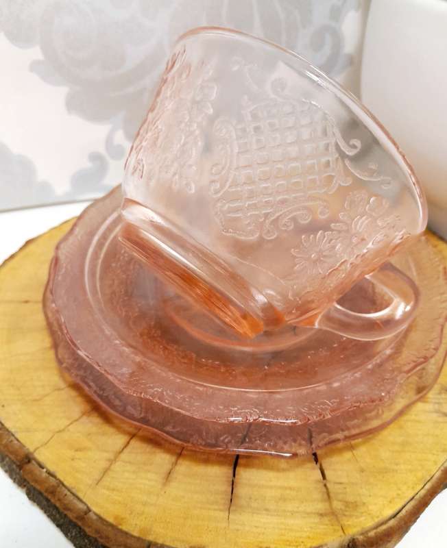 Gorgeous Salmon Pink Glass Trio  Cup, Saucer & Tea Plate