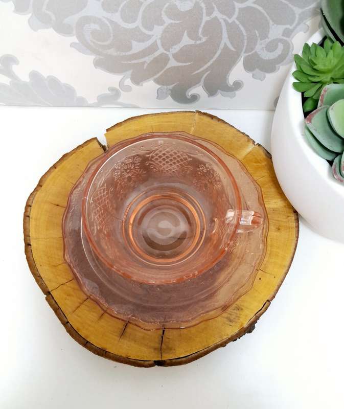 Gorgeous Salmon Pink Glass Trio  Cup, Saucer & Tea Plate