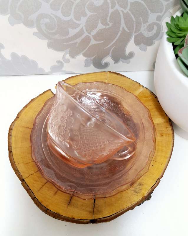 Gorgeous Salmon Pink Glass Trio  Cup, Saucer & Tea Plate