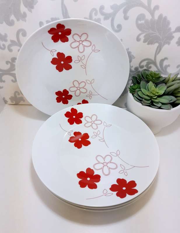 Contemporary Set Of 4 Extra Large Porcelain Dinner Plates  Red & White