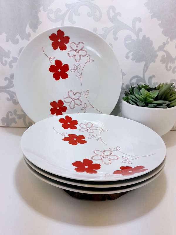 Contemporary Set Of 4 Extra Large Porcelain Dinner Plates  Red & White