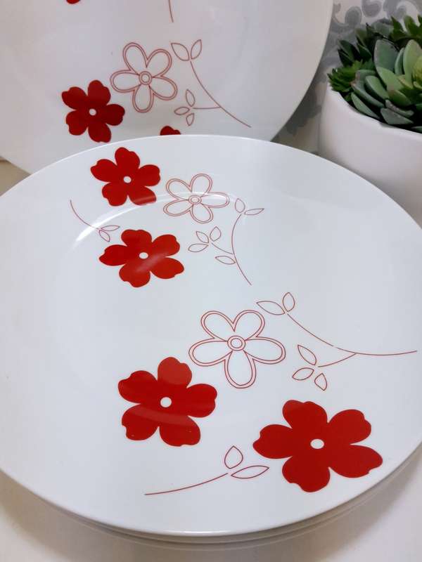 Contemporary Set Of 4 Extra Large Porcelain Dinner Plates  Red & White