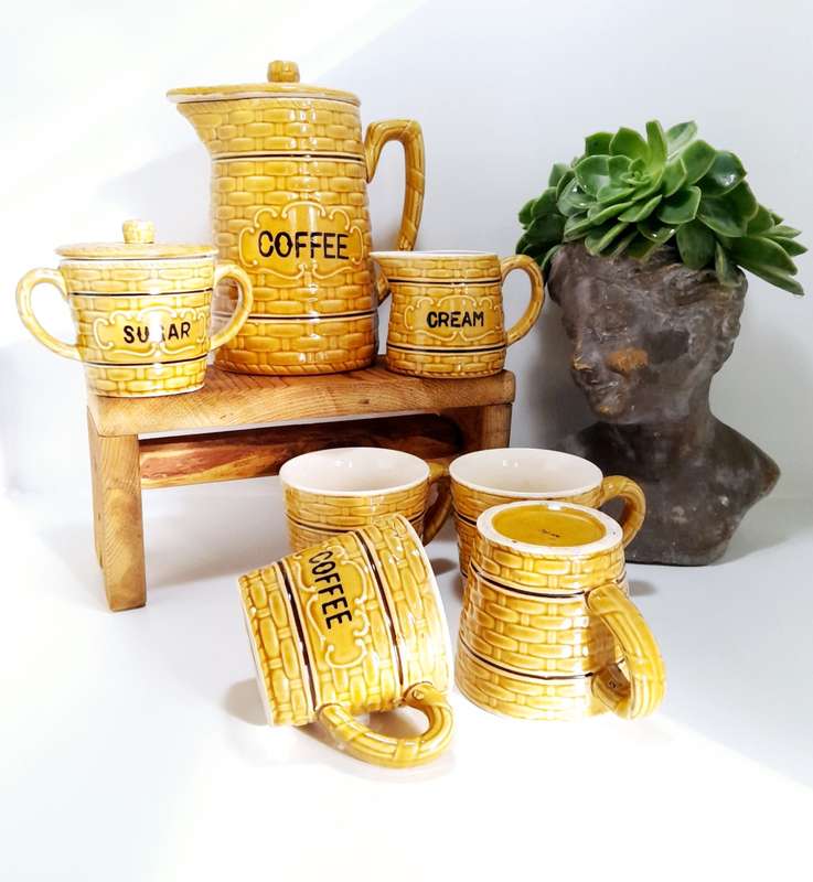 Antique Japanese Ceramic Basket Weave Pattern Coffee Set