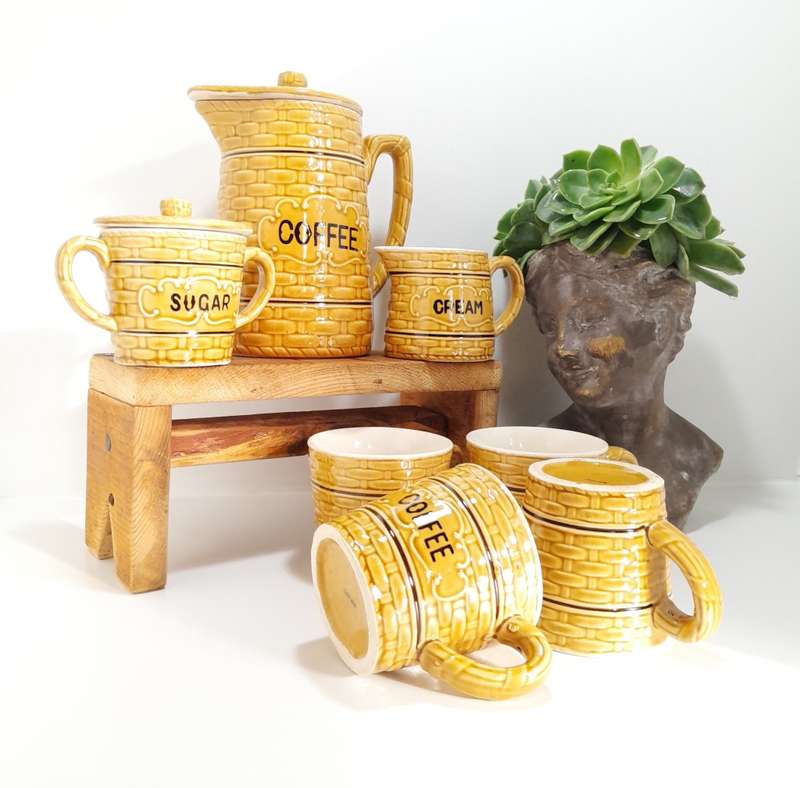 Antique Japanese Ceramic Basket Weave Pattern Coffee Set