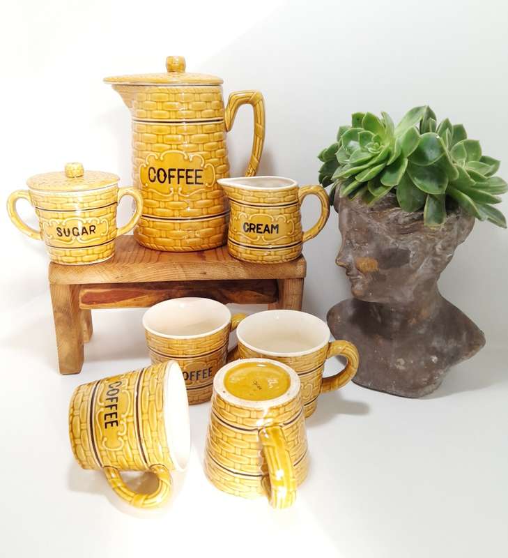 Antique Japanese Ceramic Basket Weave Pattern Coffee Set