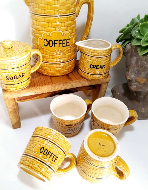 Antique Japanese Ceramic Basket Weave Pattern Coffee Set