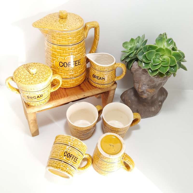 Antique Japanese Ceramic Basket Weave Pattern Coffee Set