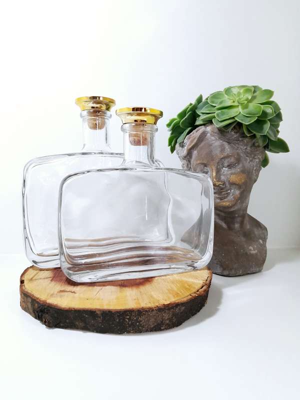 Two Heavy Glass Rectangular Graduating Decanters