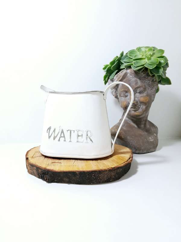 Off White Metal Water Jug With Grey Rim & Embossed Water