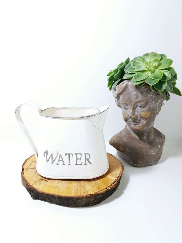 Off White Metal Water Jug With Grey Rim & Embossed Water