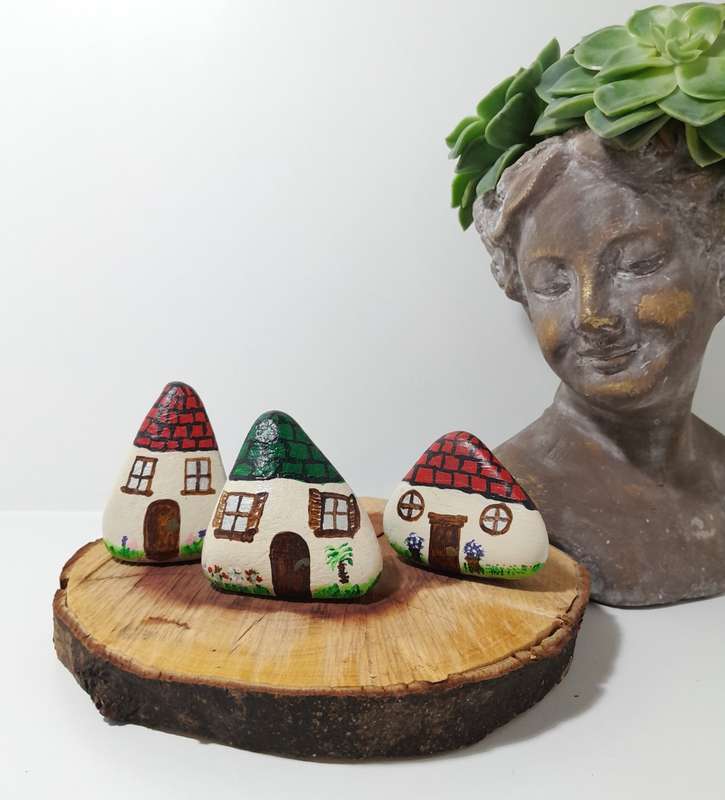 Set Of 3 Quirky Hand Painted Dwarf House Rocks