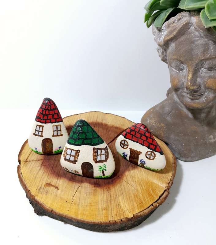 Set Of 3 Quirky Hand Painted Dwarf House Rocks