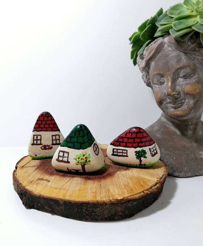 Set Of 3 Quirky Hand Painted Dwarf House Rocks