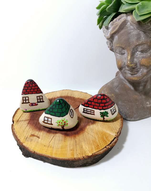 Set Of 3 Quirky Hand Painted Dwarf House Rocks