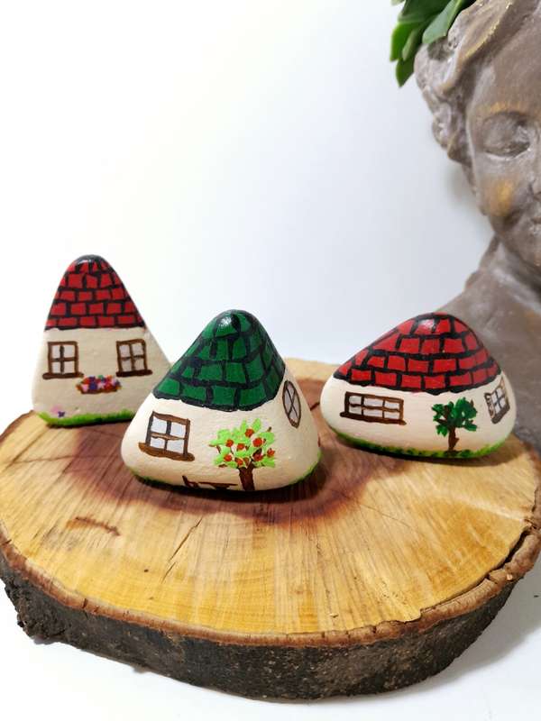 Set Of 3 Quirky Hand Painted Dwarf House Rocks