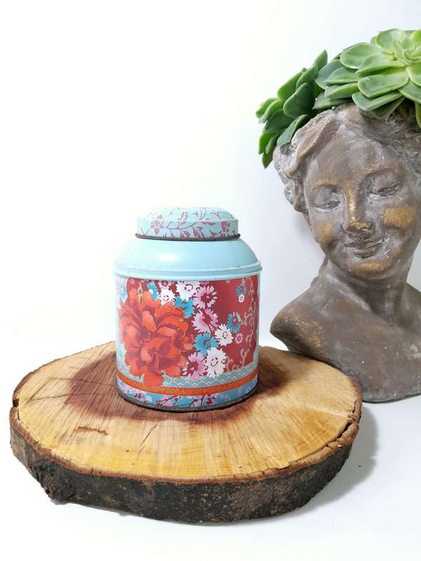 Vintage Woolworths Rooibos Tea Tin  Light Blue With Deep Pink