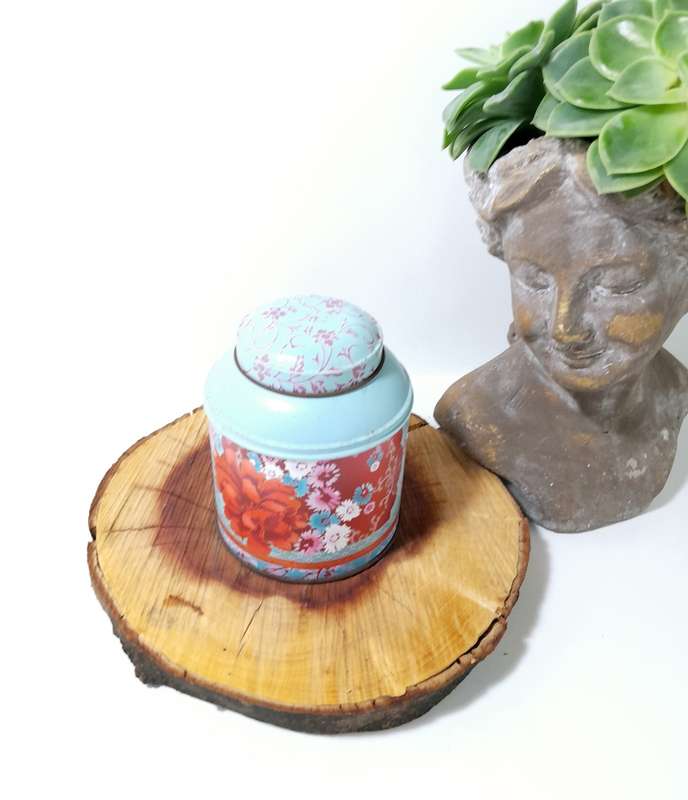 Vintage Woolworths Rooibos Tea Tin  Light Blue With Deep Pink