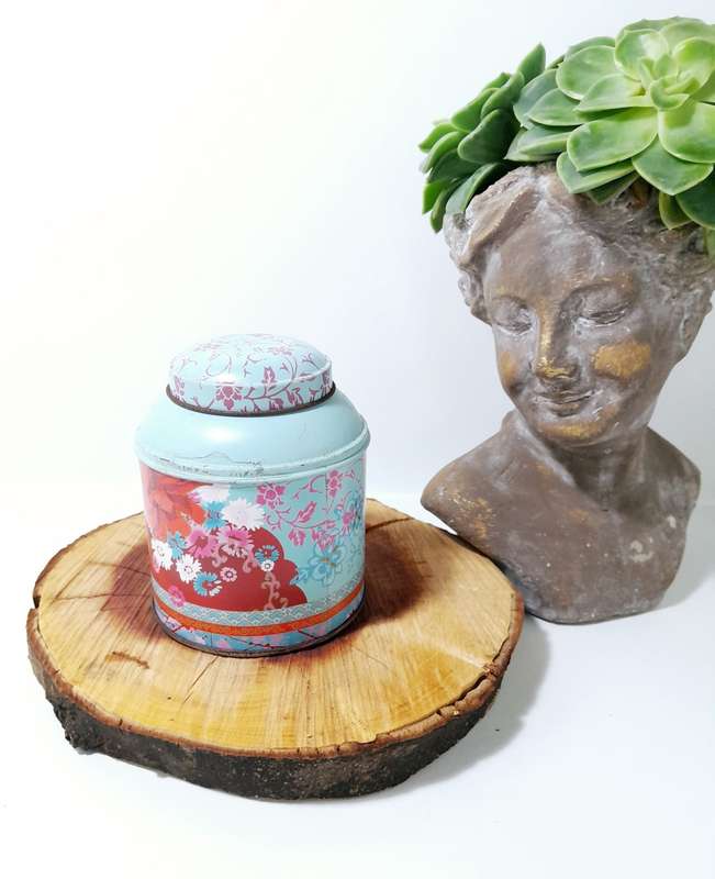 Vintage Woolworths Rooibos Tea Tin  Light Blue With Deep Pink