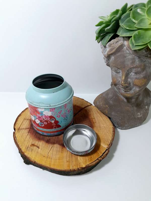 Vintage Woolworths Rooibos Tea Tin  Light Blue With Deep Pink