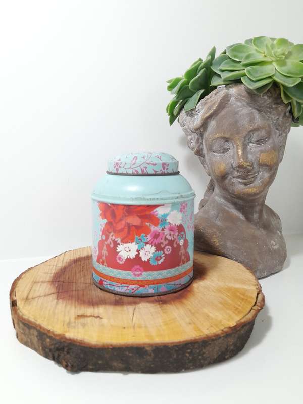 Vintage Woolworths Rooibos Tea Tin  Light Blue With Deep Pink