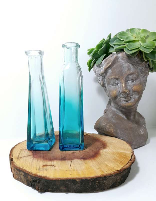 Pair Of Small Ombré Blue Glass Bottle Bud Vases