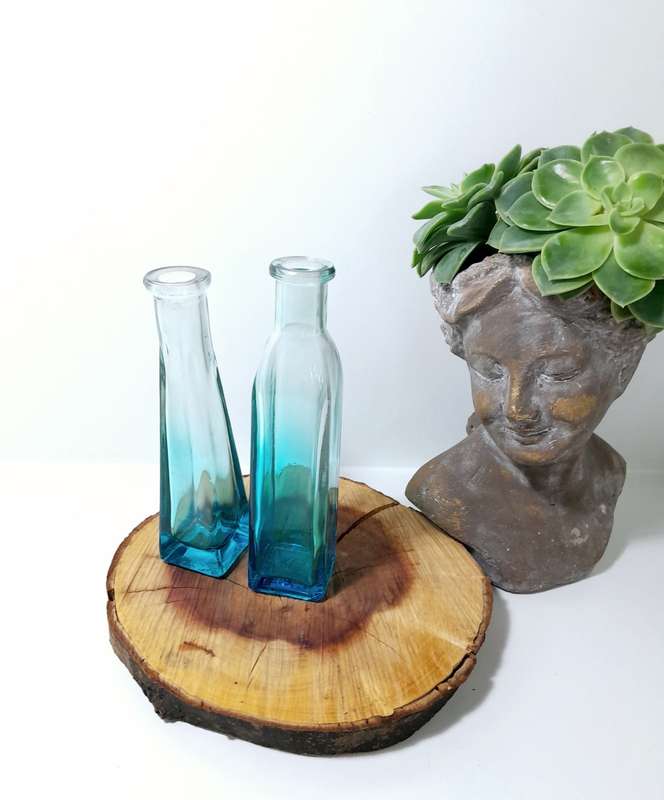 Pair Of Small Ombré Blue Glass Bottle Bud Vases