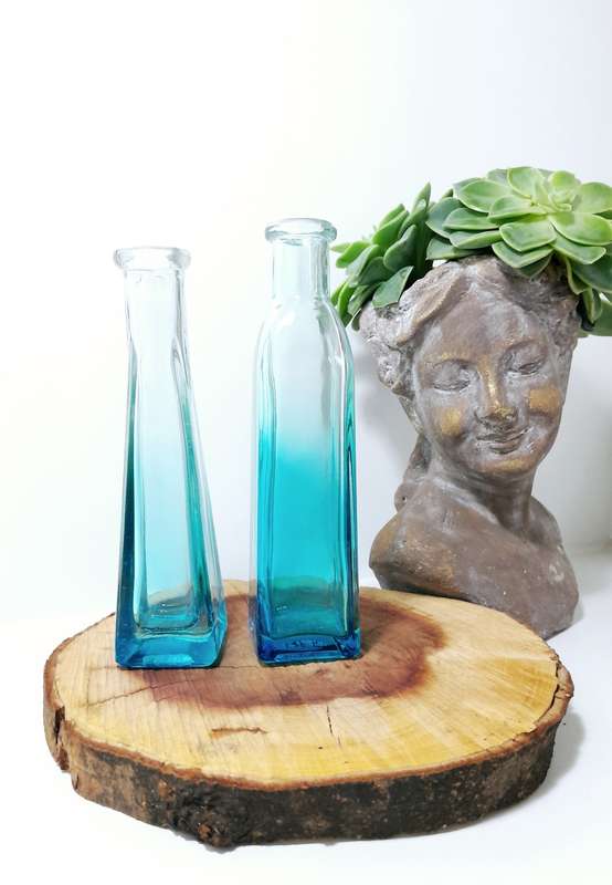 Pair Of Small Ombré Blue Glass Bottle Bud Vases