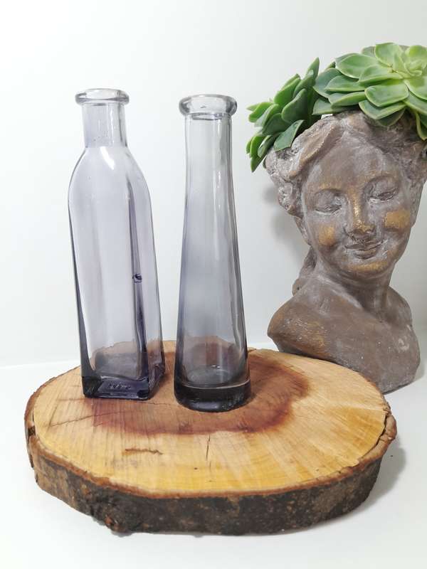 Pair Of Small Ombré Grey Glass Bottle Bud Vases