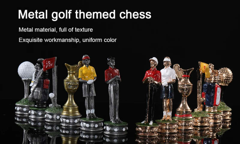 Metal Golf Character themed chess set game with Red Leather Board