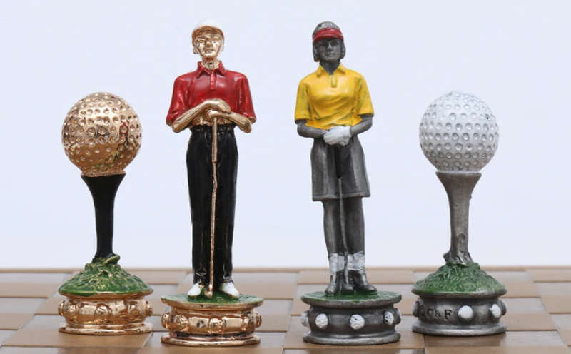 Metal Golf Character themed chess set game with Red Leather Board