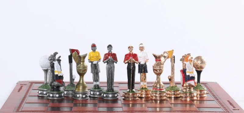 Metal Golf Character themed chess set game with Red Leather Board