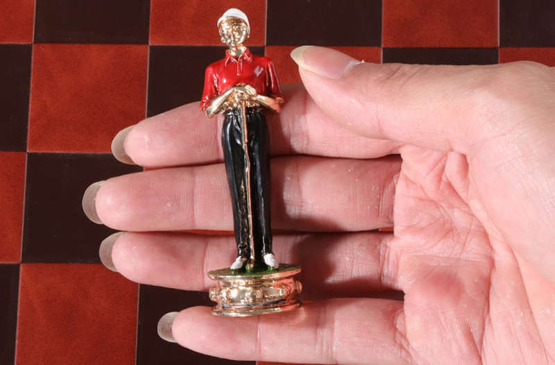 Metal Golf Character themed chess set game with Red Leather Board