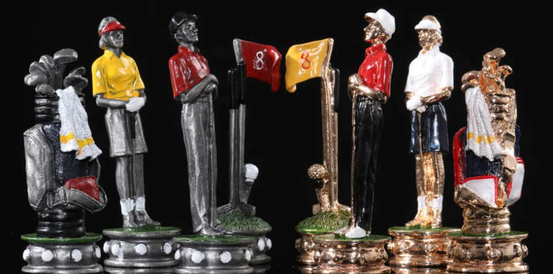 Metal Golf Character themed chess set game with Red Leather Board