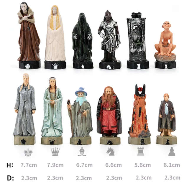 Lord of the Rings Character Themed Chess Set with Wooden Board