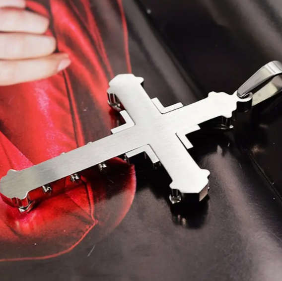 Steel Cross Pendant Necklace With Zircon Inlaid - Silver