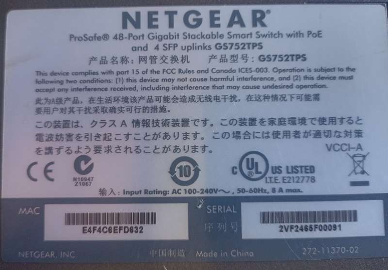 Netgear ProSafe 48 Port Gigabit Stackable Smart Switch with POE and 4 SFP Uplinks GS752TPS - Used