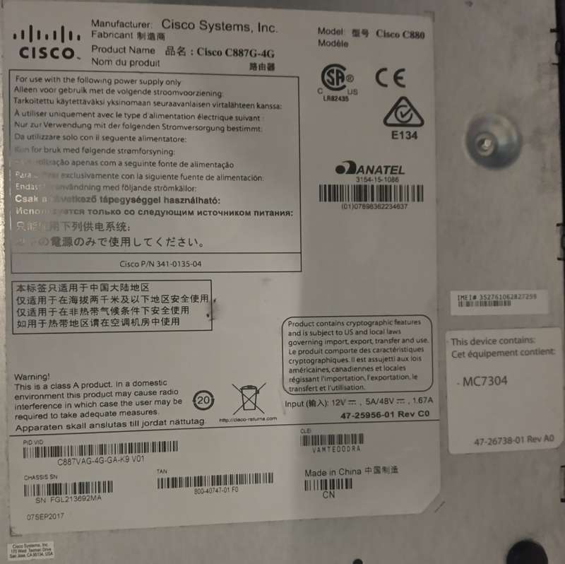Cisco C887VAG-4G-GA-K9 Modem 4G LTE VDSL/ADSL Wireless Router