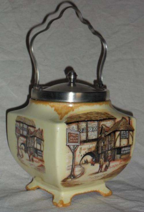 Large, Hanley, Lancaster & Sandland, English ware, biscuit barrel with silver plated lid
