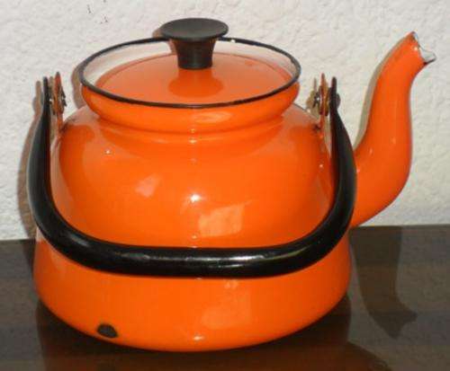 Large, retro, orange enamel tea pot, made in Poland