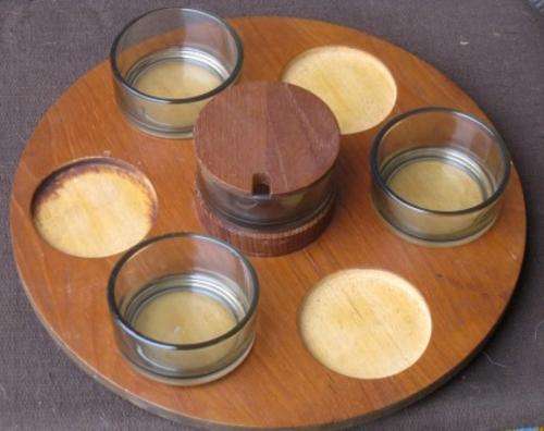 Mid century teak lazy susan with four glass bowls by Holmegaard Denmark