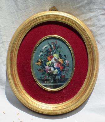 vintage miniature oil painting in a gilt and burgundy velvet frame by V. Guidotti, Florence Italy
