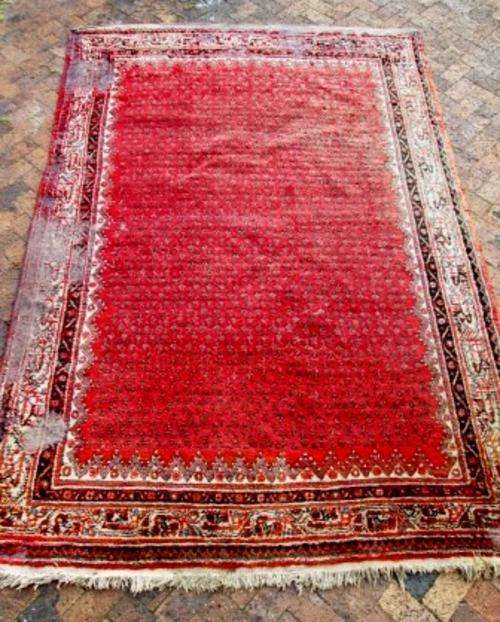 Large old worn 2.2 M x 3.2 M vintage red hand knotted Persian carpet