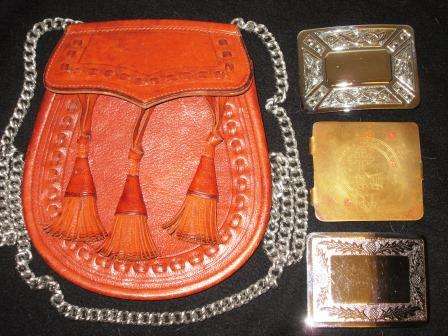 Vintage mid century leather Scottish sporran and three kilt buckles by F. W Forsyth Ltd Glasgow