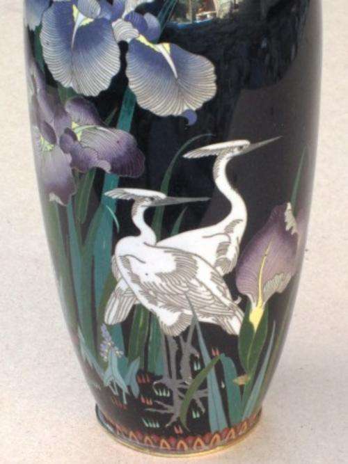 Large beautifully detailed vintage Japanese cloisonne enamel bronze vase with iris and stork design