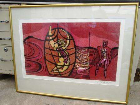 Large framed Cecil Skotnes woodcut "Wolraad Woltemade's Promenade, No:1" signed and Dated 1975