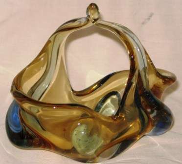 Murano basket, honey and blue glass cased in clear glass with some controled bubbles