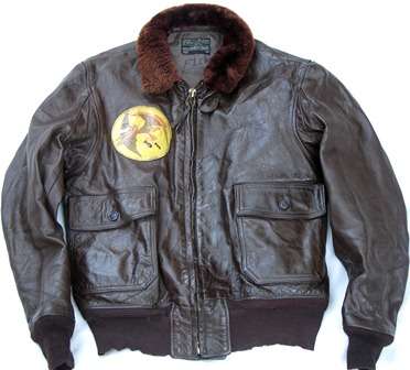Original, World War 2, bomber, aviator, leather and lambskin jacket with original mascot badge